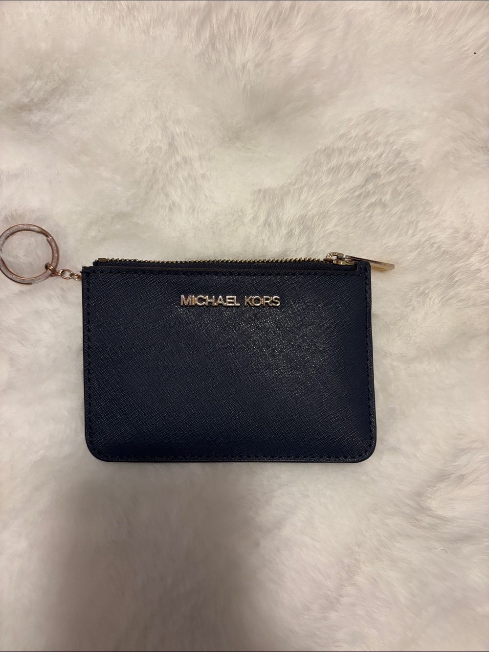 Michael Kors Navy Saffiano Leather Zip Card Case with Key Ring